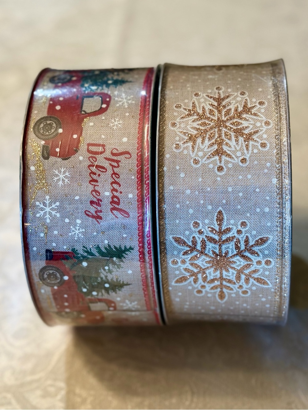 Festive Holiday Ribbon Set with Red Truck and Gold Snowflakes